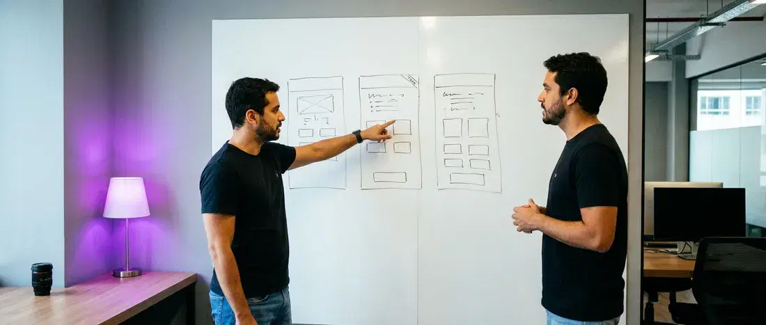 Fundadores discutindo os planos do produto no quadro