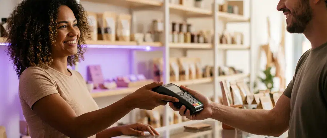 Lojista passando a maquininha para o cliente no balcão