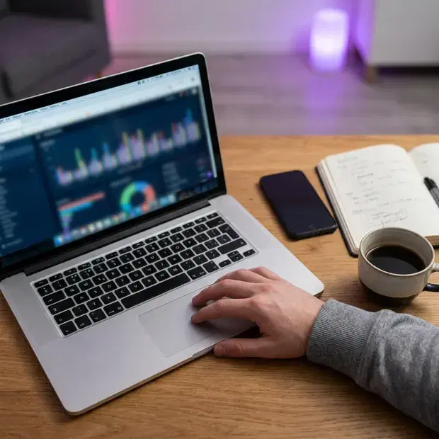 Mesa com laptop e celular, acompanhando as comissões do mês