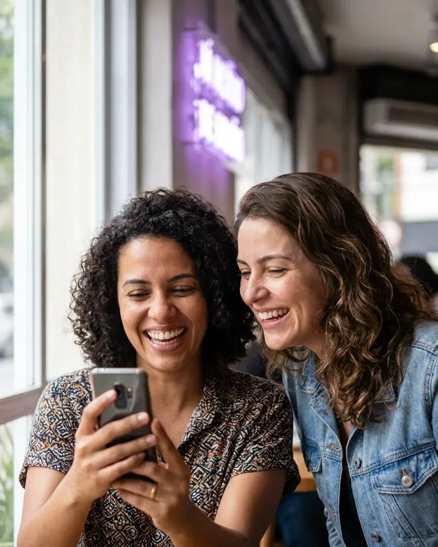Duas amigas rindo enquanto uma mostra algo no celular para a outra
