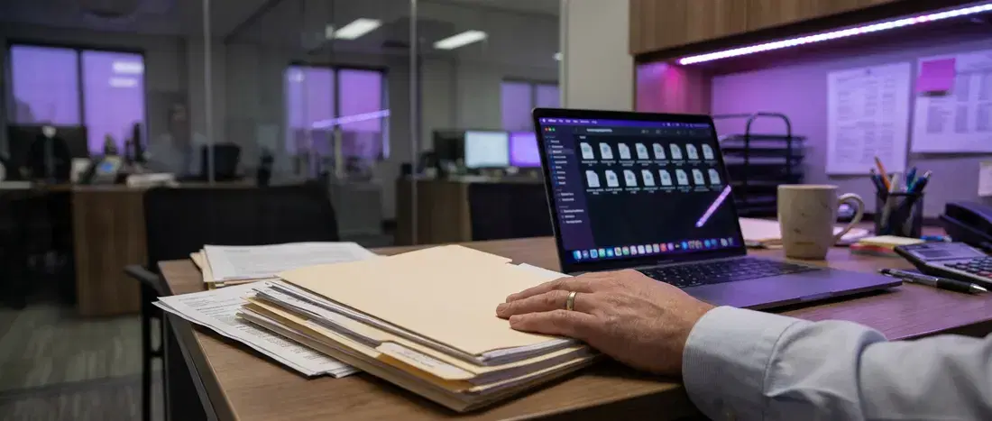 Pilha de notas e pastas ao lado do laptop, no fechamento do escritório