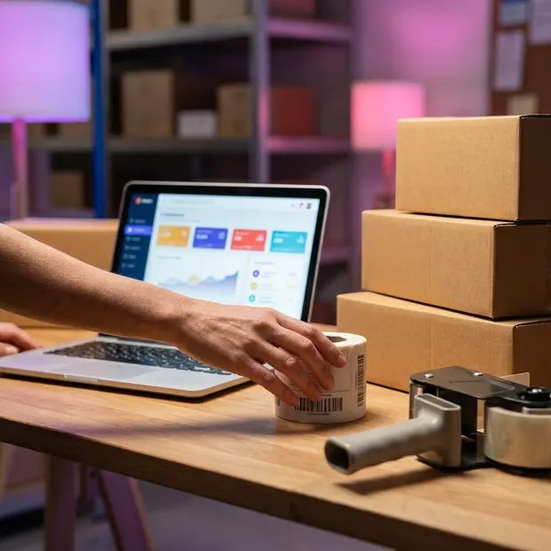 Etiquetas e pedidos ao lado do laptop com o painel da loja